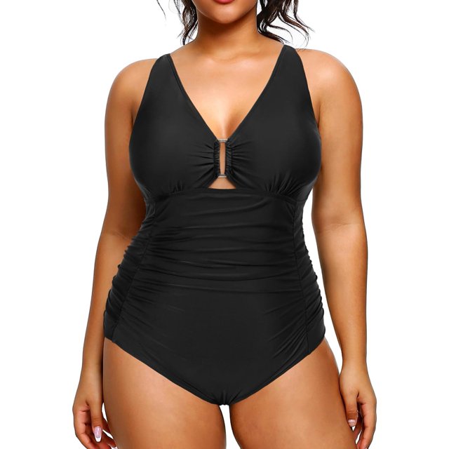 GHSDFBB Women Plus Size One Piece Swimsuits V Neck Tummy Control Bathing Suits Retro Ruched Swimwear
