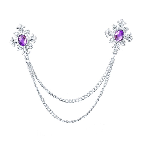Broche de solapa para hombre, broche con cadena de diamantes de imitación, regalo para fiesta, novio y padre. Plata Púrpura