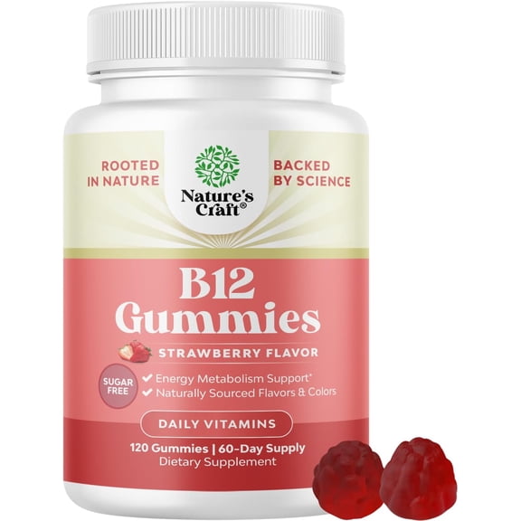 Natures Craft Vitamin B12 Gummies for Energy and Immune Support, Sugar-Free, Vegan, 1000 mcg, 60 Ct