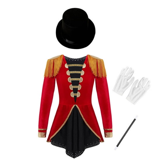dPois Kids Girls Halloween Circus Outfits Long Sleeve Tassel Shoulder Leotard Dress with Props Set Red 14