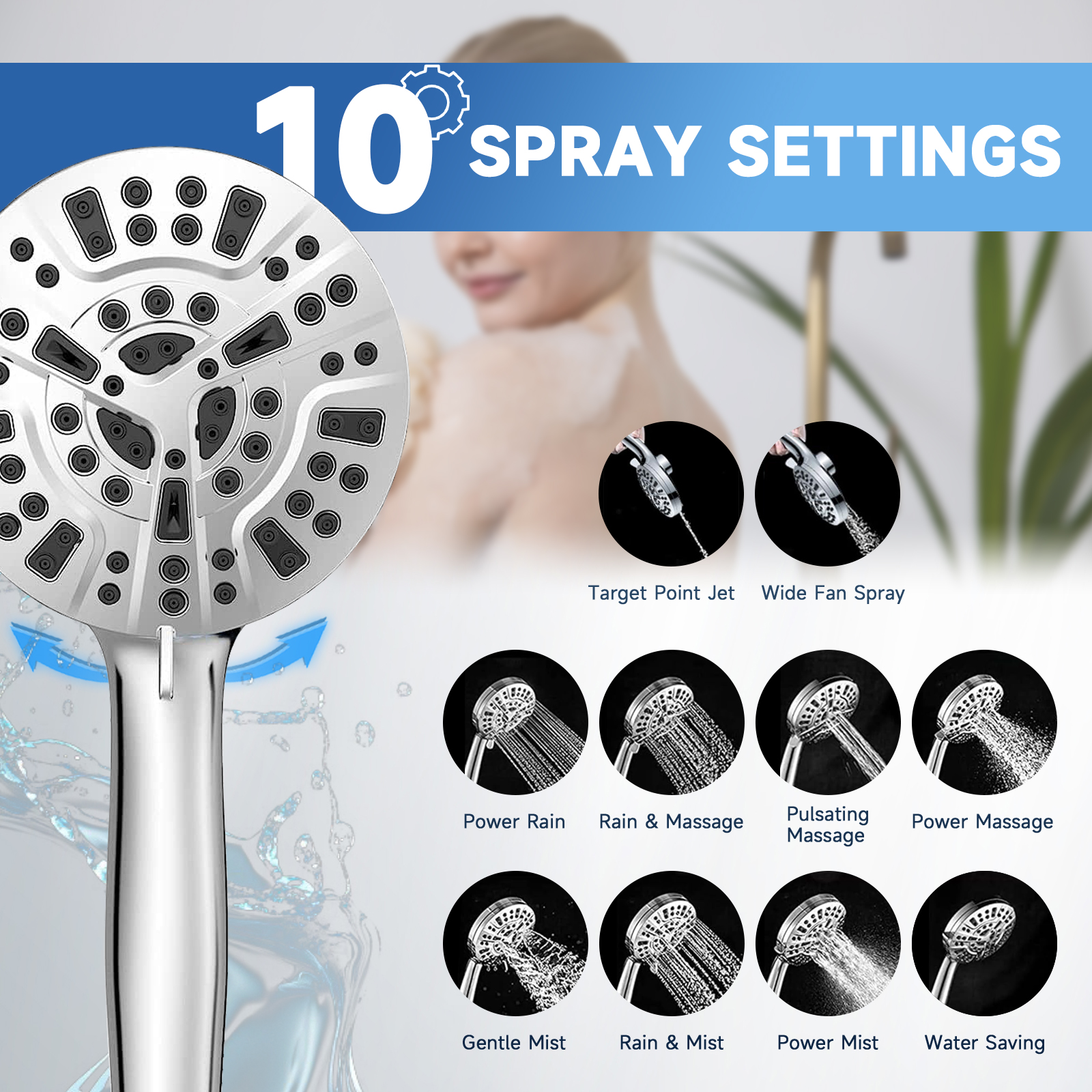 Aonhom Filtered Shower Head Combo, 10 Spray Modes, Chrome photo 3