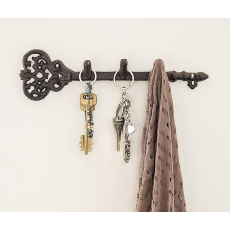 - Decorative Wall Mounted Key Holder - Vintage Key With 3 Hooks - Wall Mounted - Rustic Cast Iron - 11.6 x 3