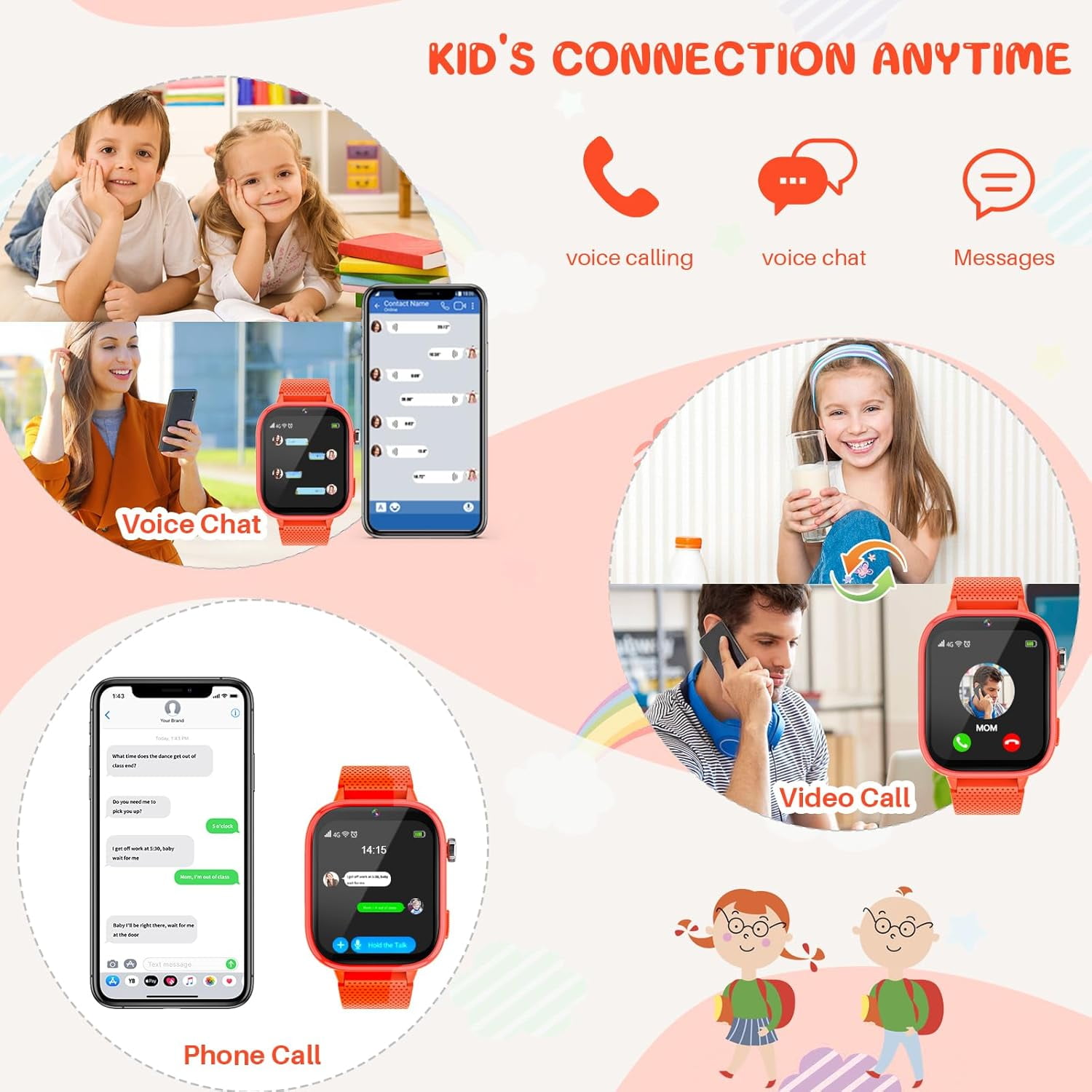 SHANNA 4G Kids Smart Watch GPS Tracker - Smartwatch with 2-Way Call Video Calling Voice Chat SOS Class Mode Pedometer Puzzle Games Wi-Fi Touch Screen Alarm Clock Smartwatches for Boys Girl, Orange