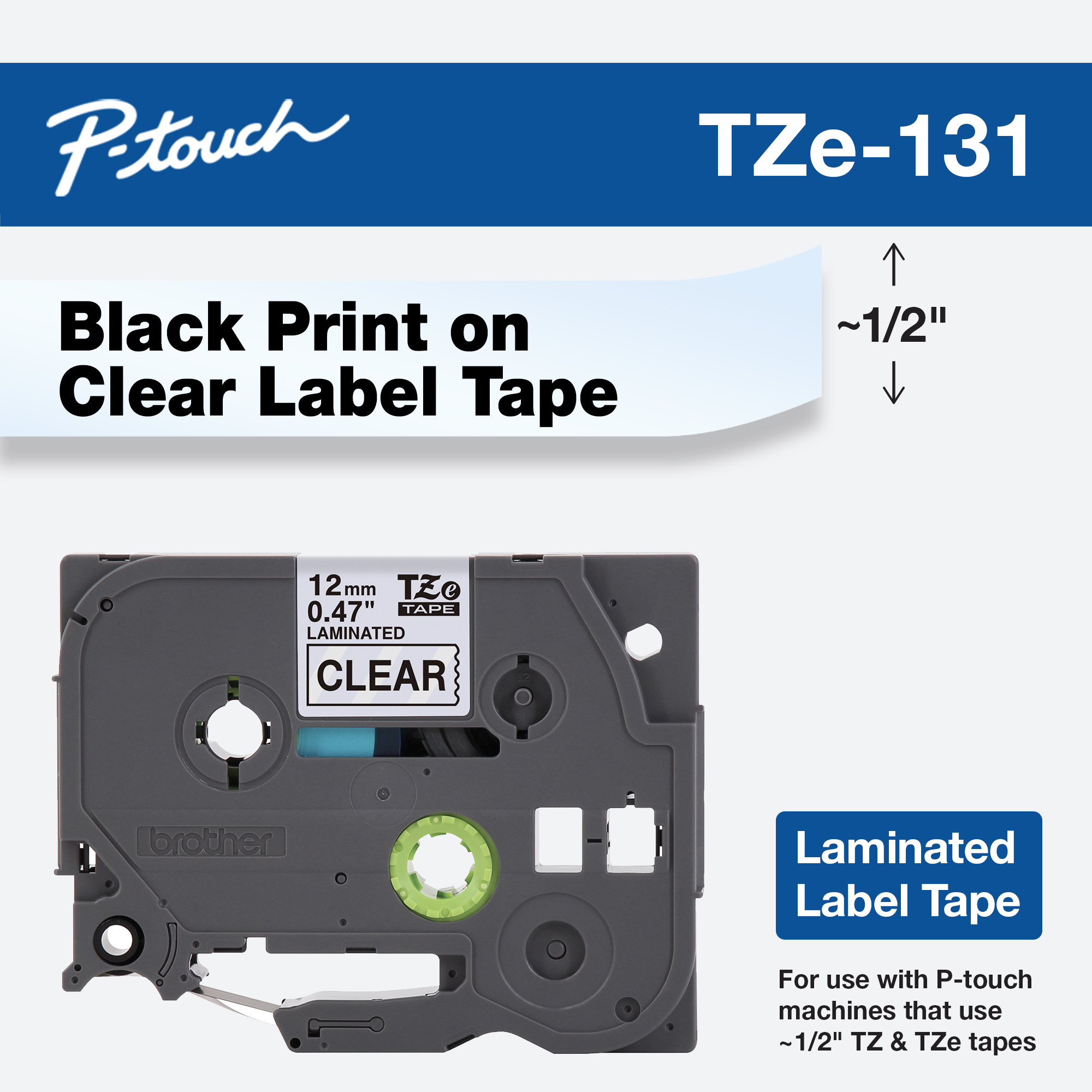 Brother P-Touch TZE131 Label Tape, 0.47" x 26.2', Black on Clear