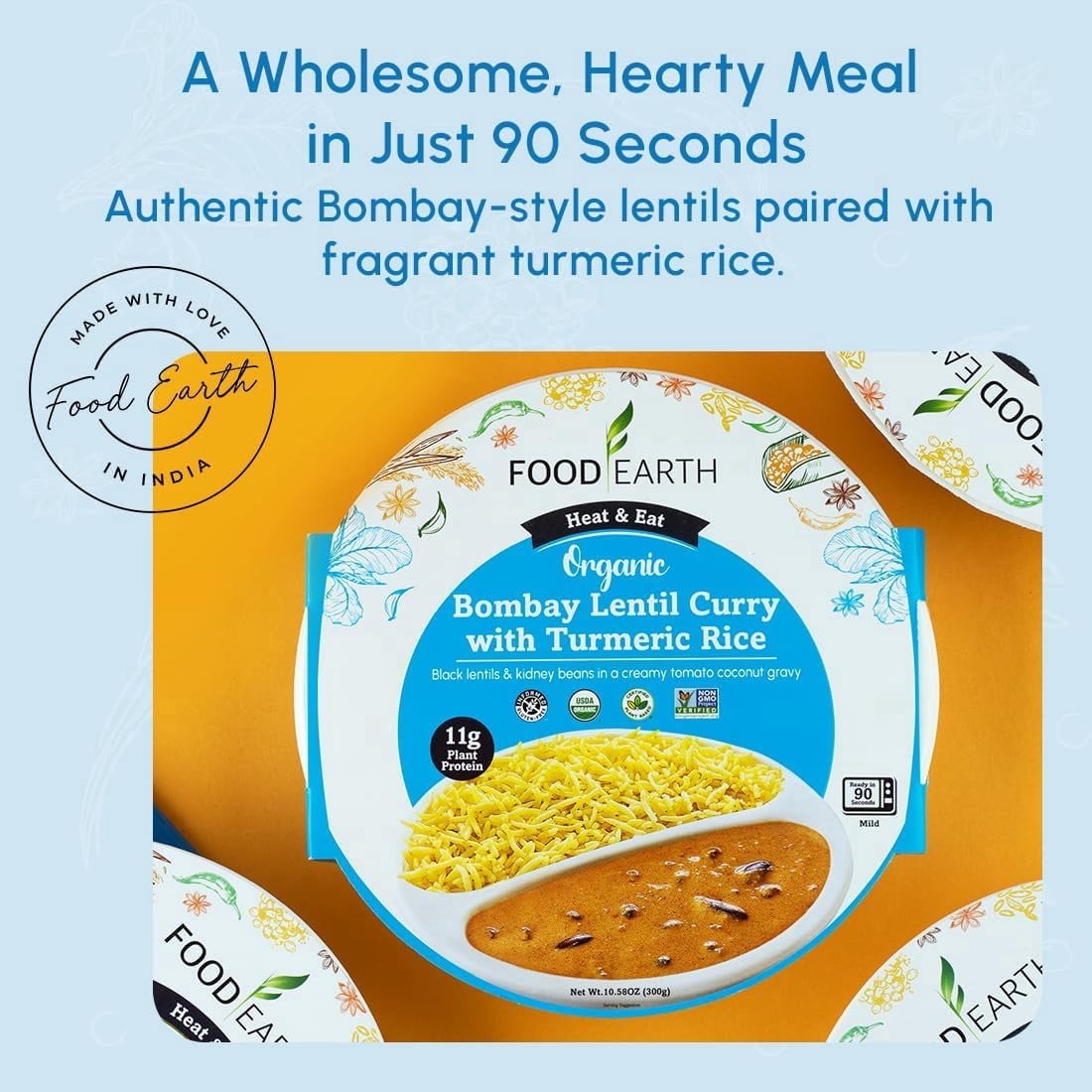 Food Earth -Organic Bombay Lentil Curry with Turmeric Rice Ready to Eat Indian Meal , 100% Organic, Vegan, Gluten-Free, Heat & Serve,10.58 oz, 6 units Shelf Stable