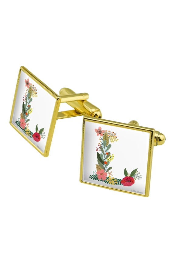 Letter L Floral Monogram Initial Square Cufflink Set - Silver or Gold