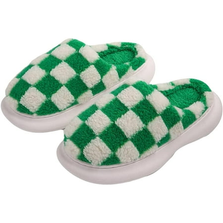 

PIKADINGNIS Unisex Checkerboard Slippers Winter Warm Plush Lining House Slipeprs Non-Slip Slipper Slides Indoor Outdoor