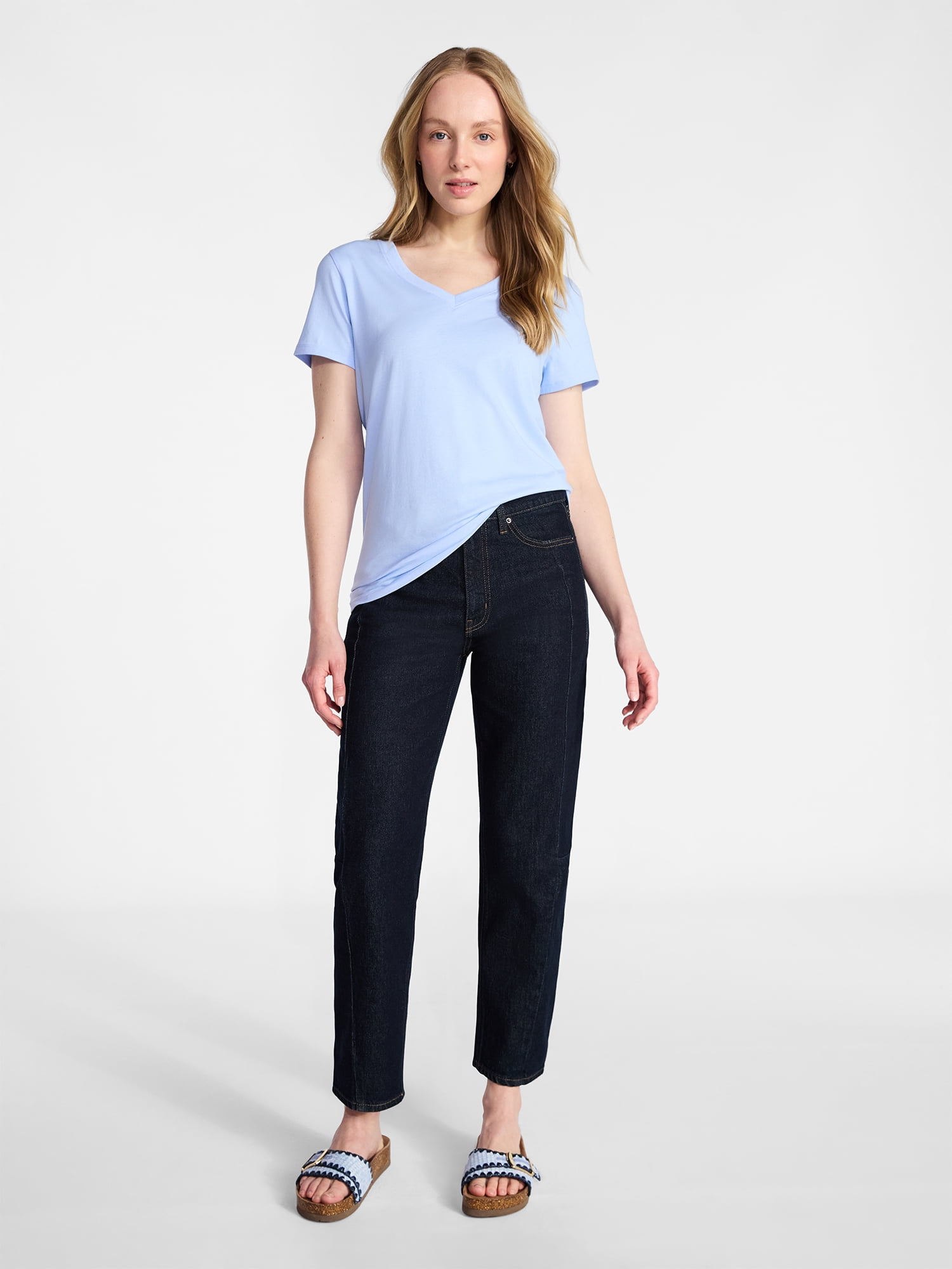 Time and Tru Women's Cotton V-Neck Tee with Short Sleeves, Sizes XS-4X