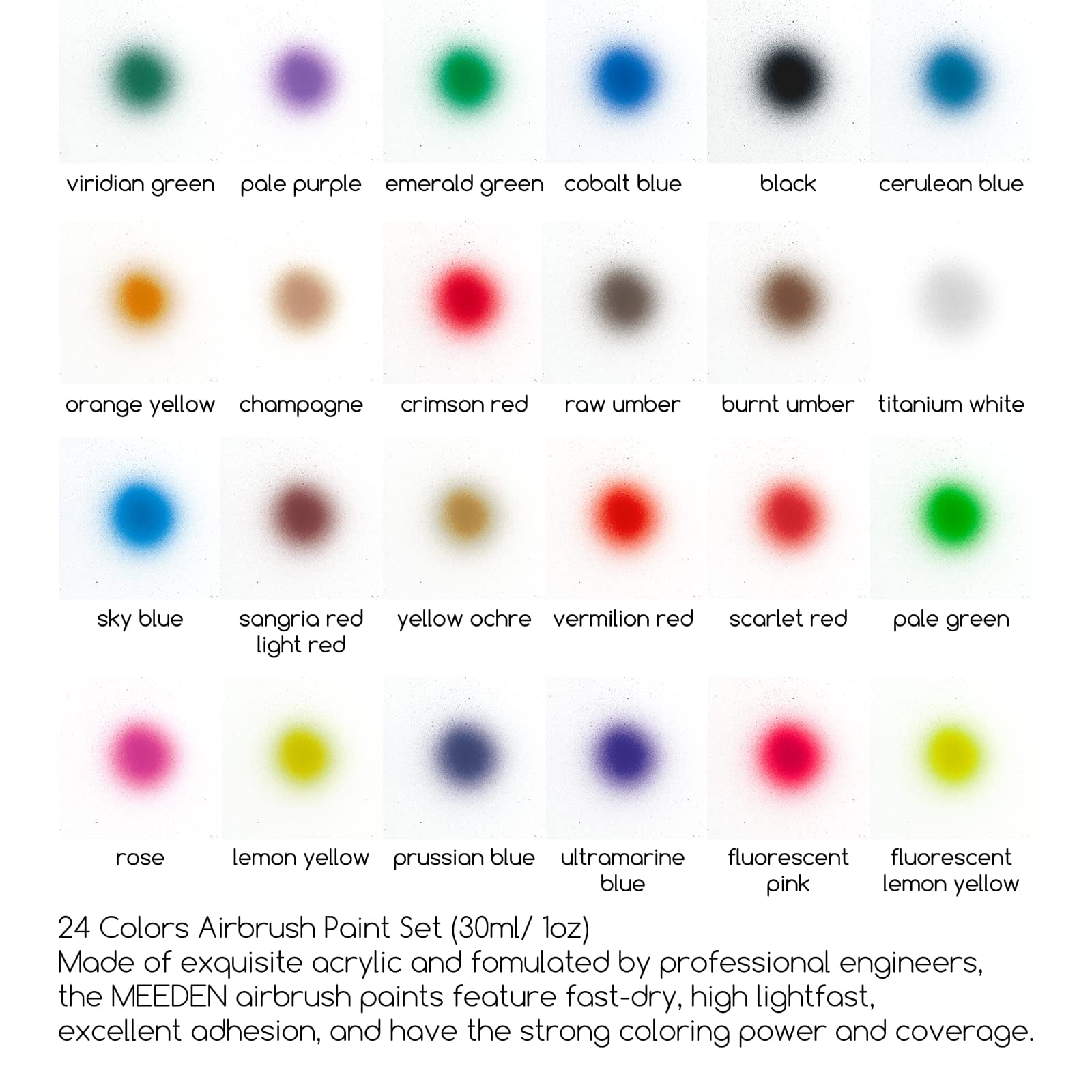 MEEDEN 24 Color Airbrush Paint, 1oz Non Toxic Acrylic Airbrush Paint Set for Painting in Art Supplies for Artists, Beginners and Students