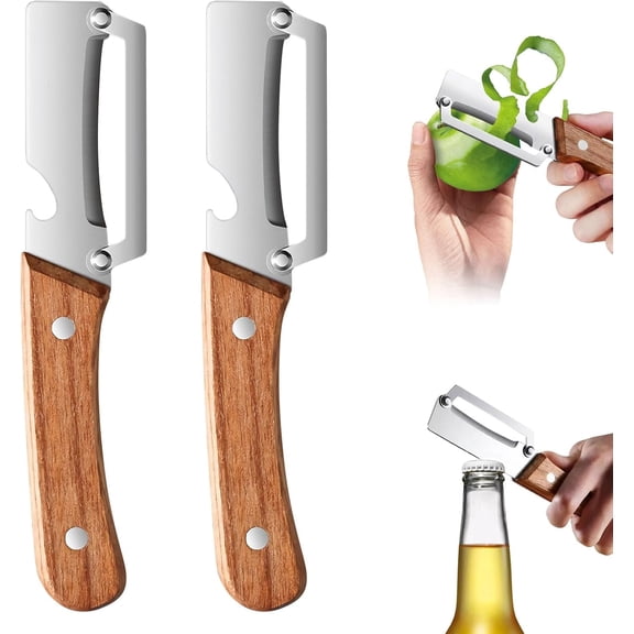 2-in-1 Multifunctional Vegetable Peeler for Kitchen with Ultra-Sharp Stainless Steel Blade & Ergonomic Wood Handle - Effortlessly Peel Potatoes, Apples, Carrots and Open Wine Bottles