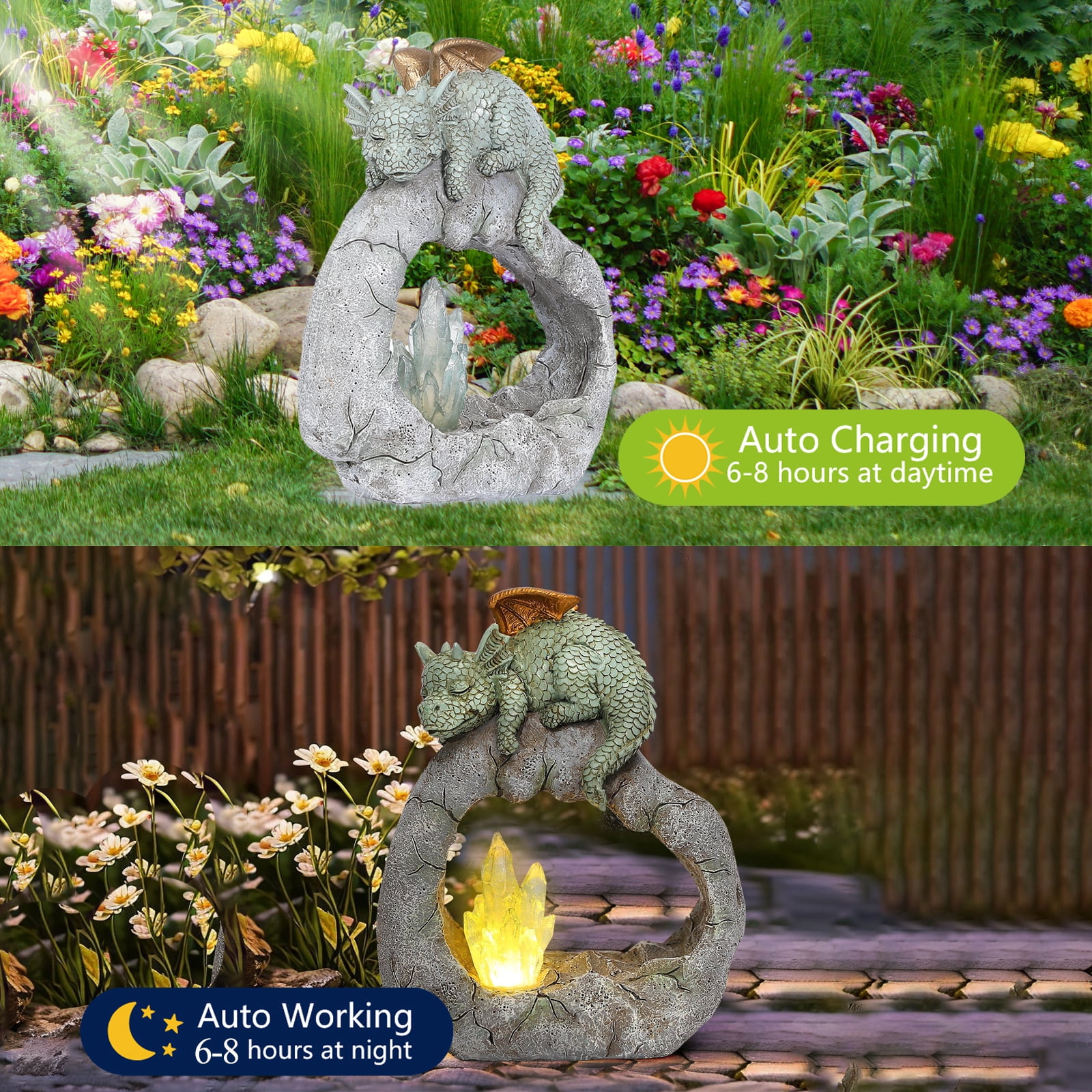 Solar Dragon Garden Statues Outdoor, Resin Dragon Statue Solar Figurine Lights Outdoor Waterproof, Solar Sculpture Dragon Decor for Garden Yard Patio, Dragon Gifts for Mom Grandma Women