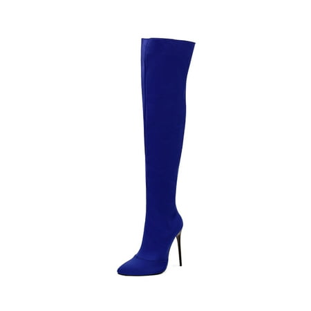 

Eloshman Women Casual Zip Up Over The Knee Boots Formal Tall High Heels Non-Slip Stiletto Heel Blue 6.5