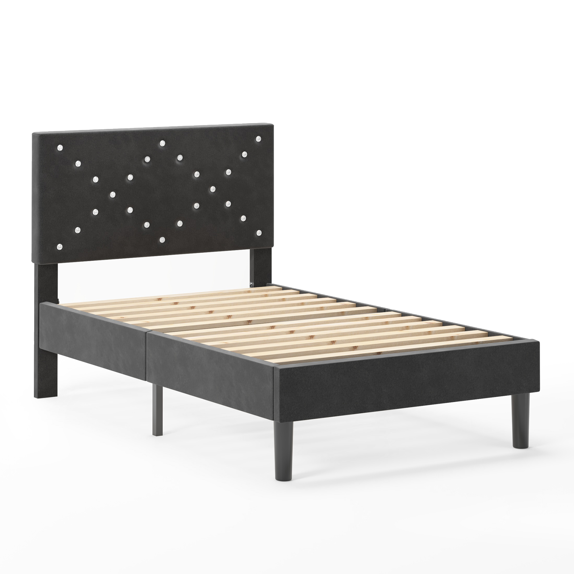 Twin Size Bed Frame with Upholstered Headboard, Non-Slip and Noise-Free/Wooden Slats Support/No Box Spring Needed/Easy Assembly, Black