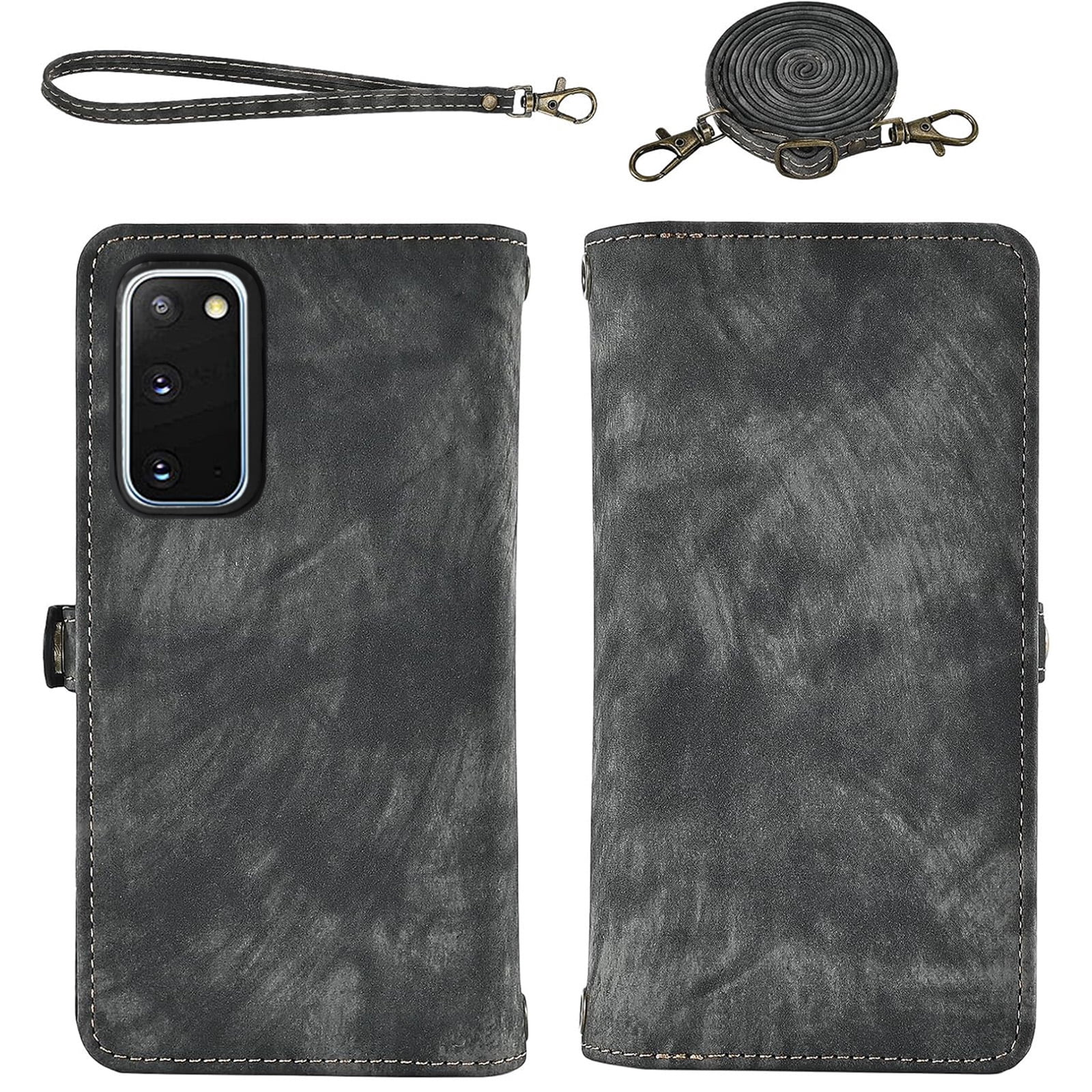 Asuwish Phone Case for Samsung Galaxy S20 5G 6.2 inch Zipper Wallet Detachable Cell Cover with Tempered Glass Screen Protector Crossbody Lanyard Strap Flip Card Holder S 20 20S UW S2O G5 Women Black