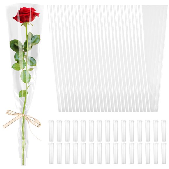 cridoz 100 Pcs Manchon de Rose Unique avec 100 Pcs Tubes d'Eau Floraux pour Bouquets, Sacs d'Emballage de Fleurs pour Fête des Mères Collation des Grades