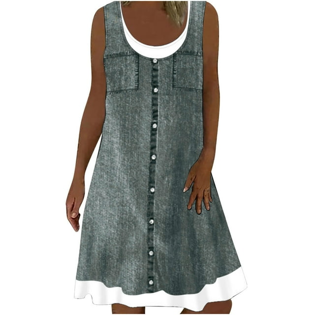Yuyuzo Robes Débardeurs Sans Manches pour Femmes Robe Patchwork à Blocs de Couleur Col Rond T-Shirts Décontractés