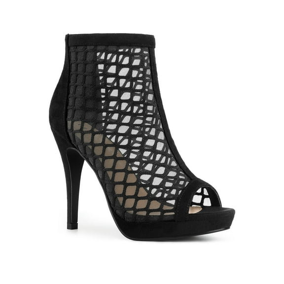 BLISSFUL STEP Platform Peep Toe Mesh Back Zip Stiletto Heel Sandal for Women Black (Size 7)