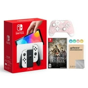 Nintendo Switch OLED Model White Joy Con 64GB Console Improved HD Screen & LAN-Port Dock with Octopath Traveler And Mytrix Wireless Switch Pro Controller and Accessories