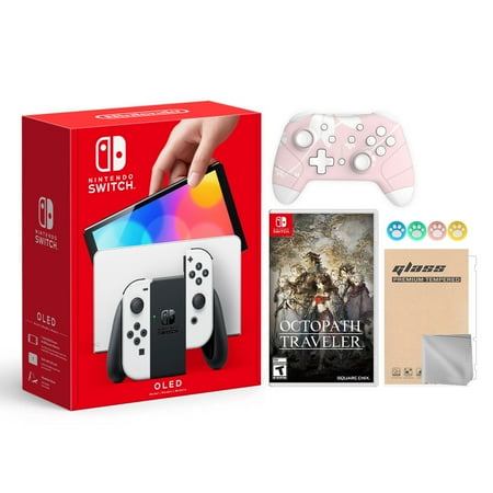 Nintendo Switch OLED Model White Joy Con 64GB Console Improved HD Screen & LAN-Port Dock with Octopath Traveler And Mytrix Wireless Switch Pro Controller and Accessories