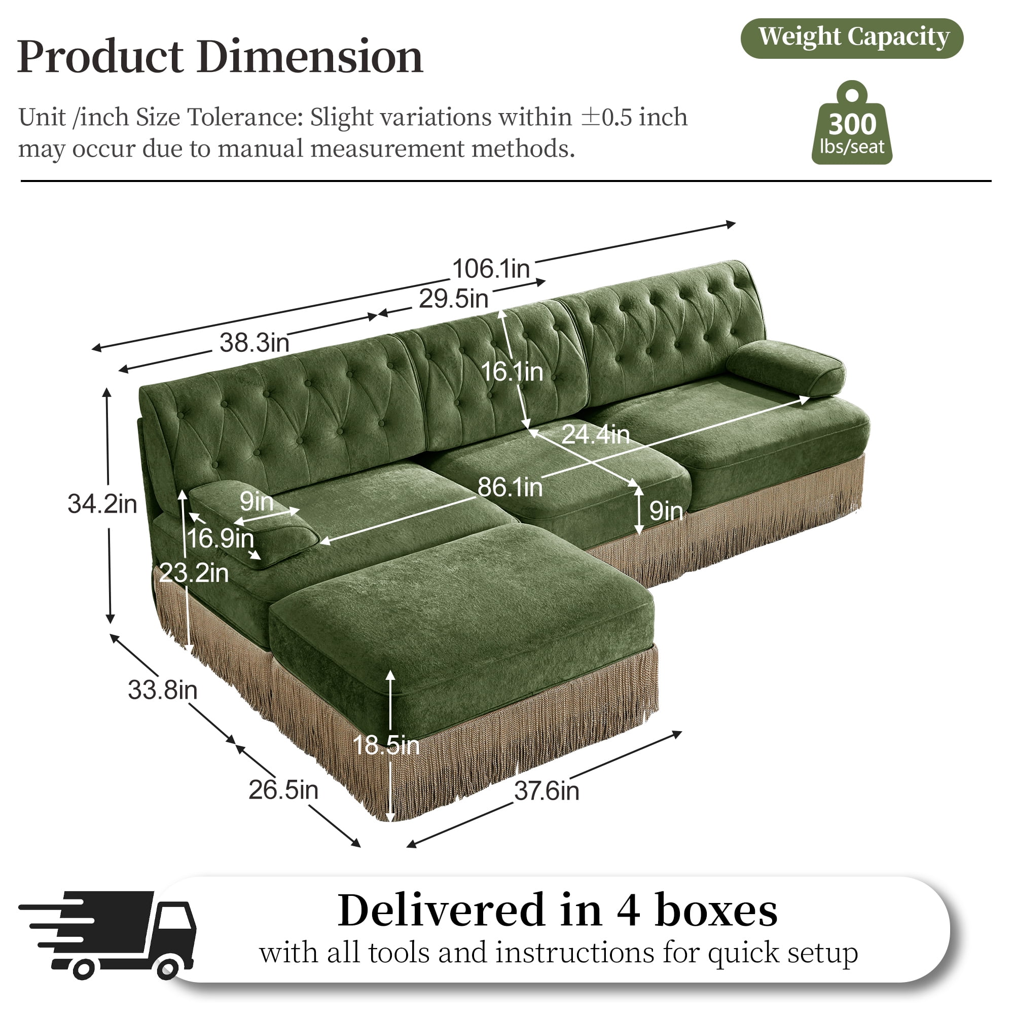 Alvantor L-Shaped Sectional Sofa 3-Seater Cloud Couch with Tassel Skirt,Button Tufted and Wooden Base for Living Room, Easy Assembly Green