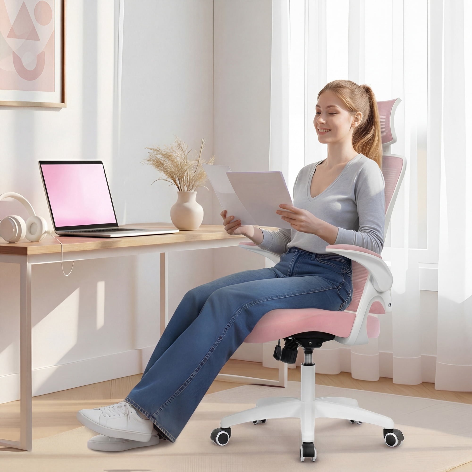 NEO Chair Office Desk Chair Gaming Computer High Back Support Mesh Comfy Seat with Adjustable Ergonomic Headrest Lumbar Rolling Flip-up Armrests and Wheels (Headrest Pink)