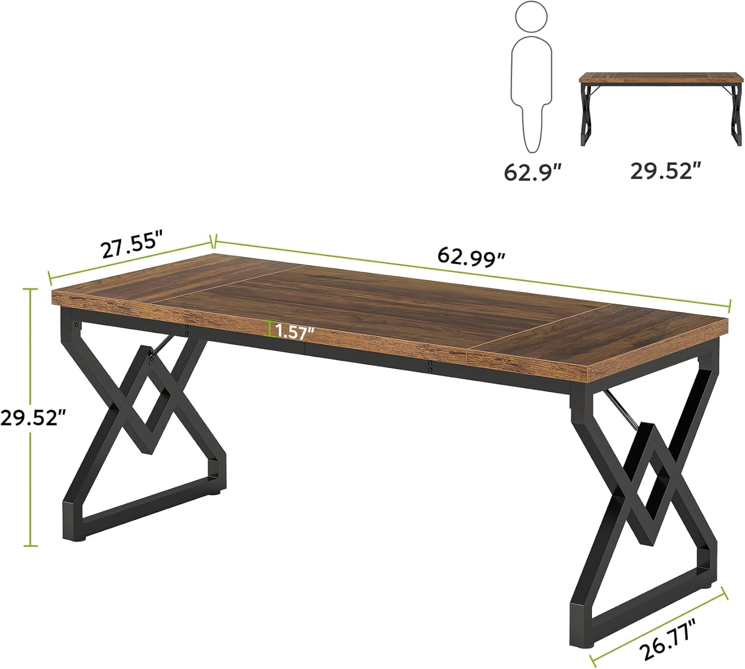 63-inch Executive Desk, Large Office Computer Desk ,  Vintage Brown