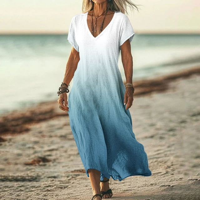 Robes Femmes DYTTDG Robe Femme Mode Dégradé Col en V Manches Courtes Robe Maxi de Plage Cadeau pour Adultes Blanc,G