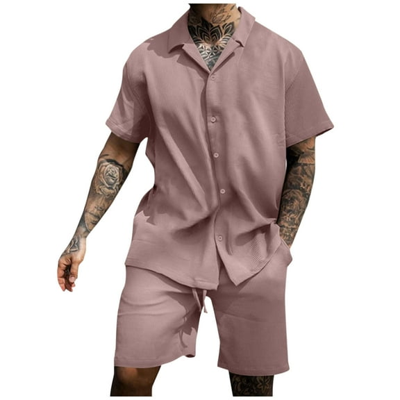 YLSDY Mens Cotton Shirts and Shorts 2 Pieces Short Sets Lapel Button Down Shirt Set Casual Vacation Beach Outfits Pink 8
