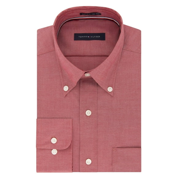 Tommy Hilfiger Mens Non Iron Regular Fit Solid Button Down Collar Dress Shirt, Cayenne, 17.5" Neck 34"-35" Sleeve