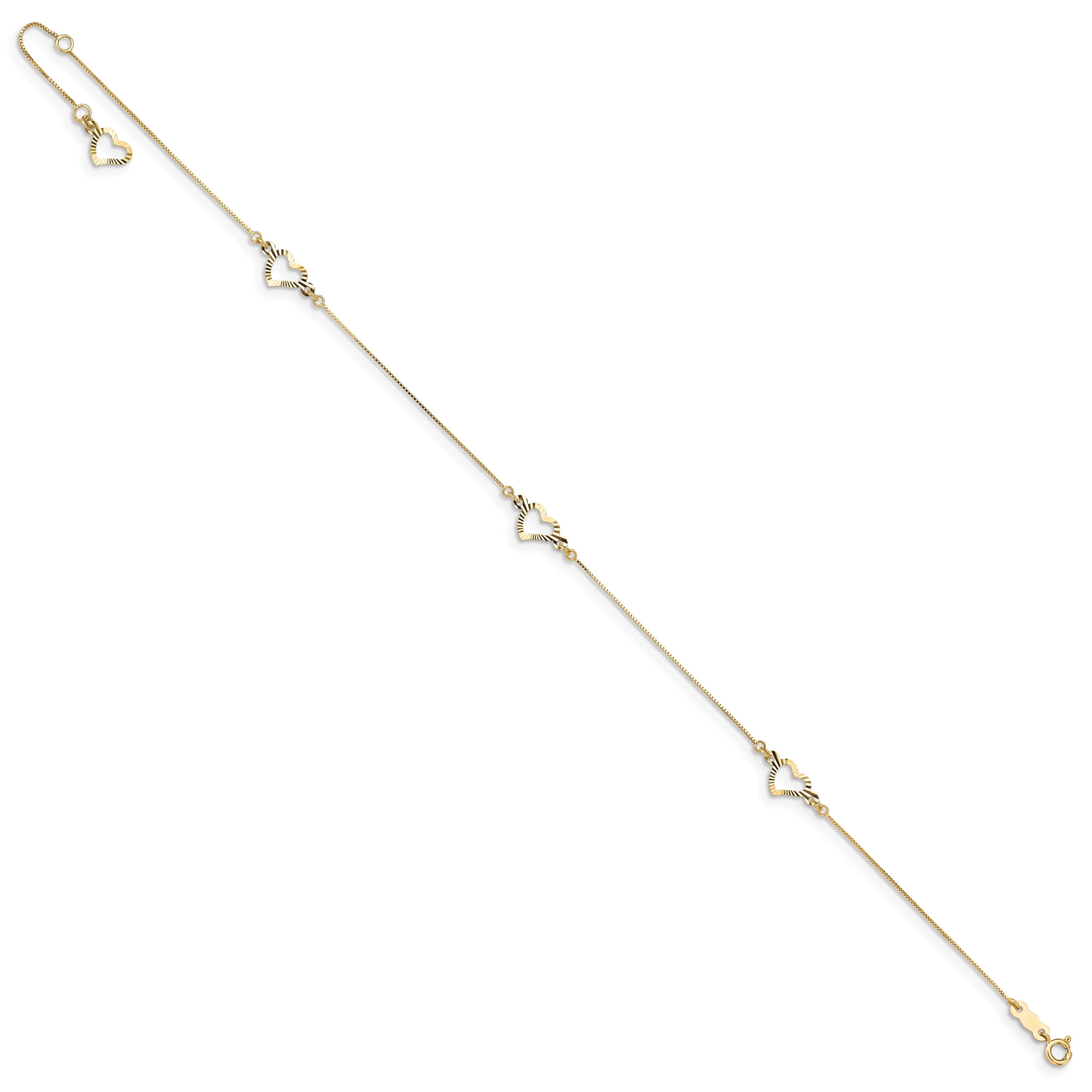 Primal Gold 14 Karat Yellow Gold Adjustable Heart 9-inch Plus 1-inch Extension Anklet