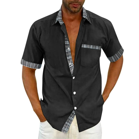 Mens Golf Shirts Fashion Buckle Pocket Stitching Plaid Short Sleeve Jacket Mens Workout Shirts Golf,Black,L