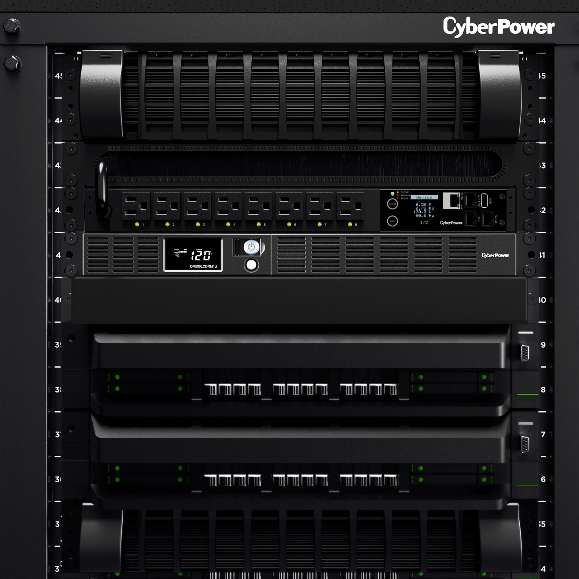 CyberPower OR500LCDRM1U Rackmount UPS, 500VA/300W, 120V, 6 Outlets, LCD Display, AVR, 10 ft Cord