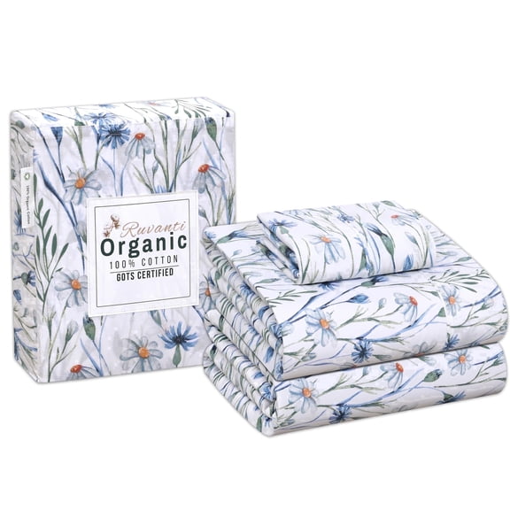 RUVANTI 100% Organic Cotton Sheets - Twin Sheet Set - 3 Piece Percale Weave Bedding, Crisp, Cooling & Breathable, Soft & Durable, 16" Deep Pocket, Hotel Quality Sábanas - Daisy Bud