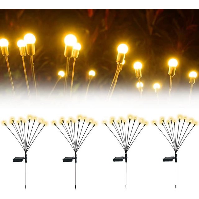 Paquete de 4 10 luciérnagas LED con energía solar (4 piezas, blanco cálido), luces decorativas impermeables para exteriores, luces de jardín oscilantes para paisaje de caminos, balanceo cuando sopla