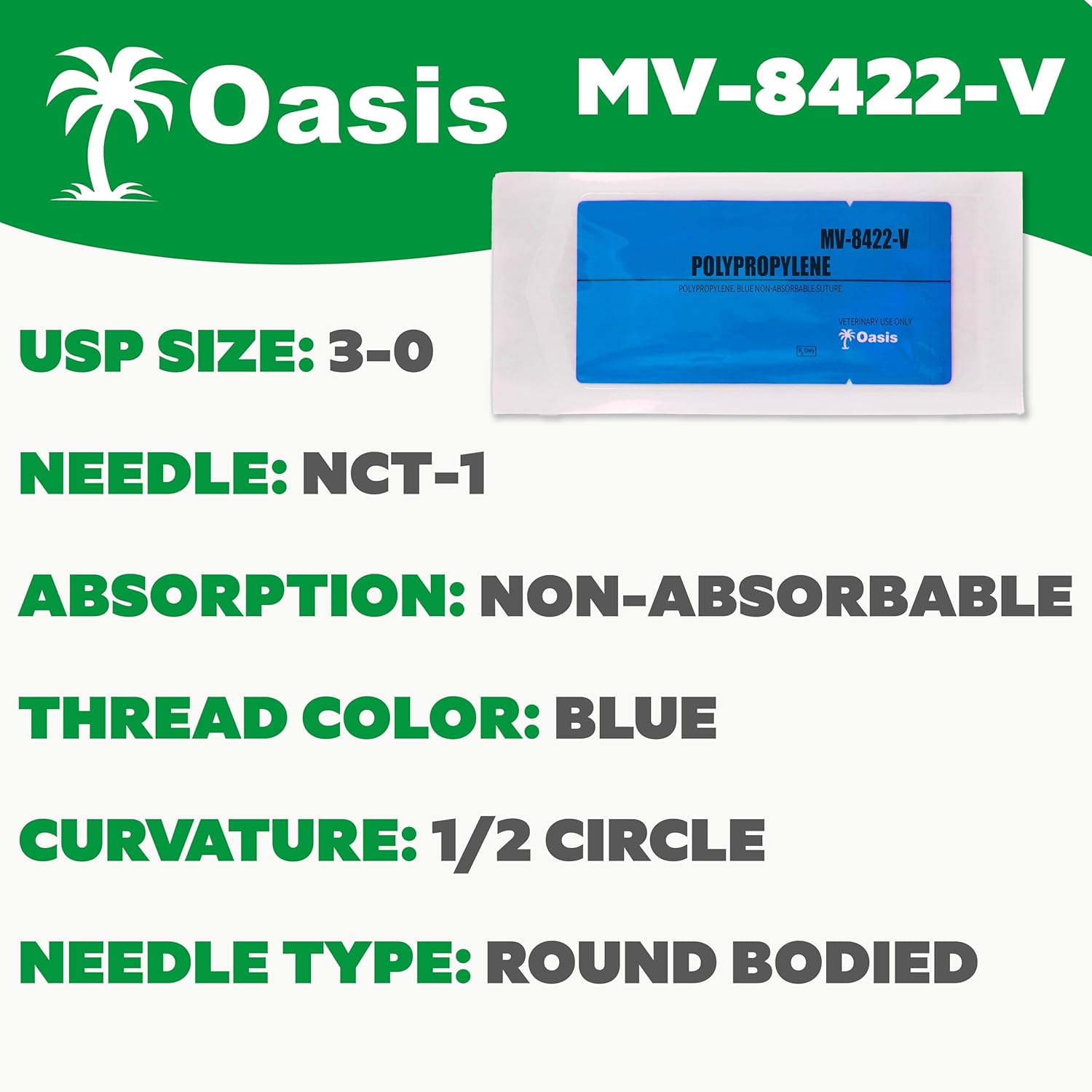 Oasis Polypropylene Surgical Suture, 3-0, (CT-1) 1/2 37mm Round Bodied Needle, 75cm, 12/Box, Veterinary Use