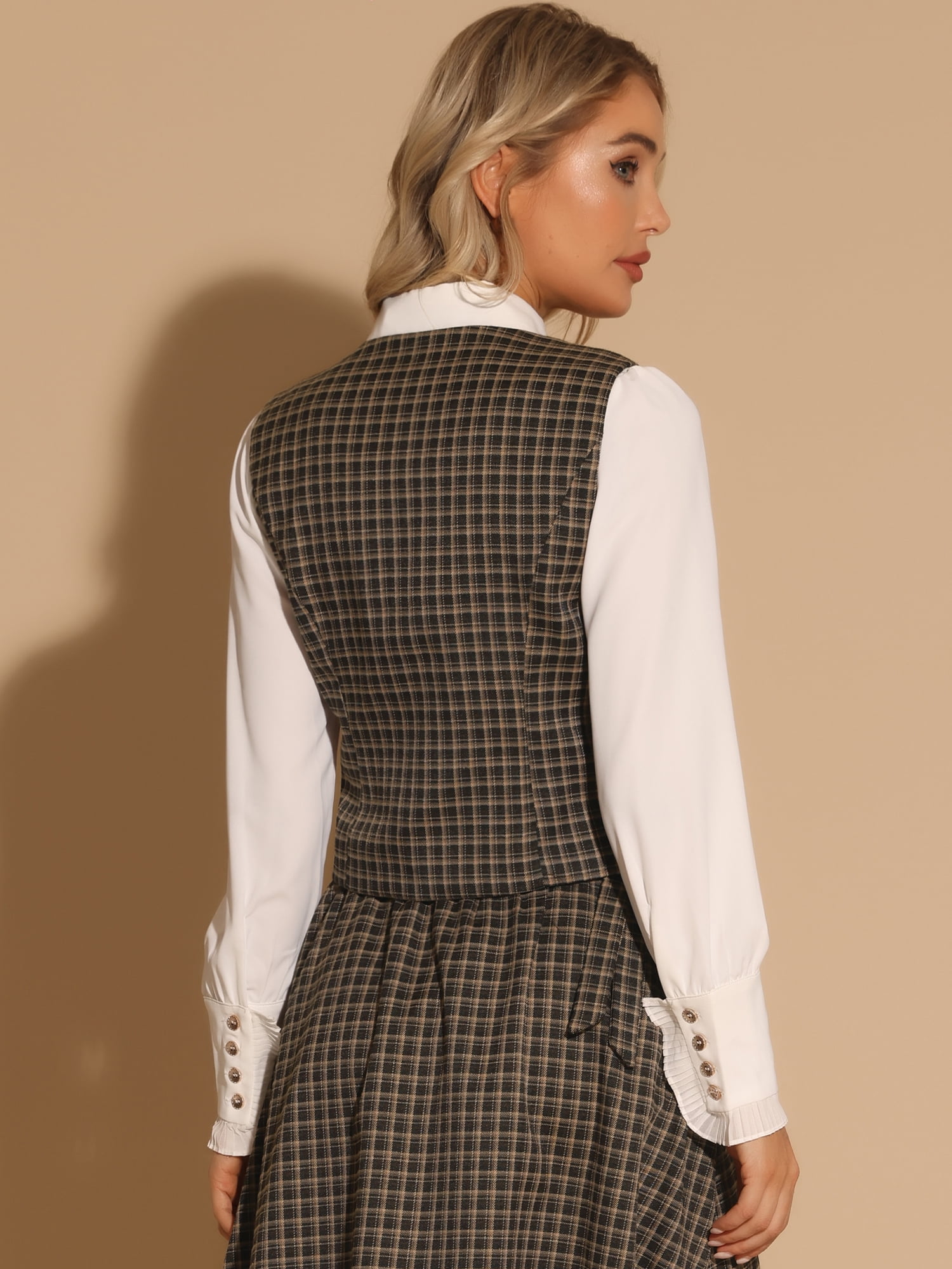 DARING DIVA Women's Plaid Single Breasted Sleeveless Racerback Waistcoat XS Brown
