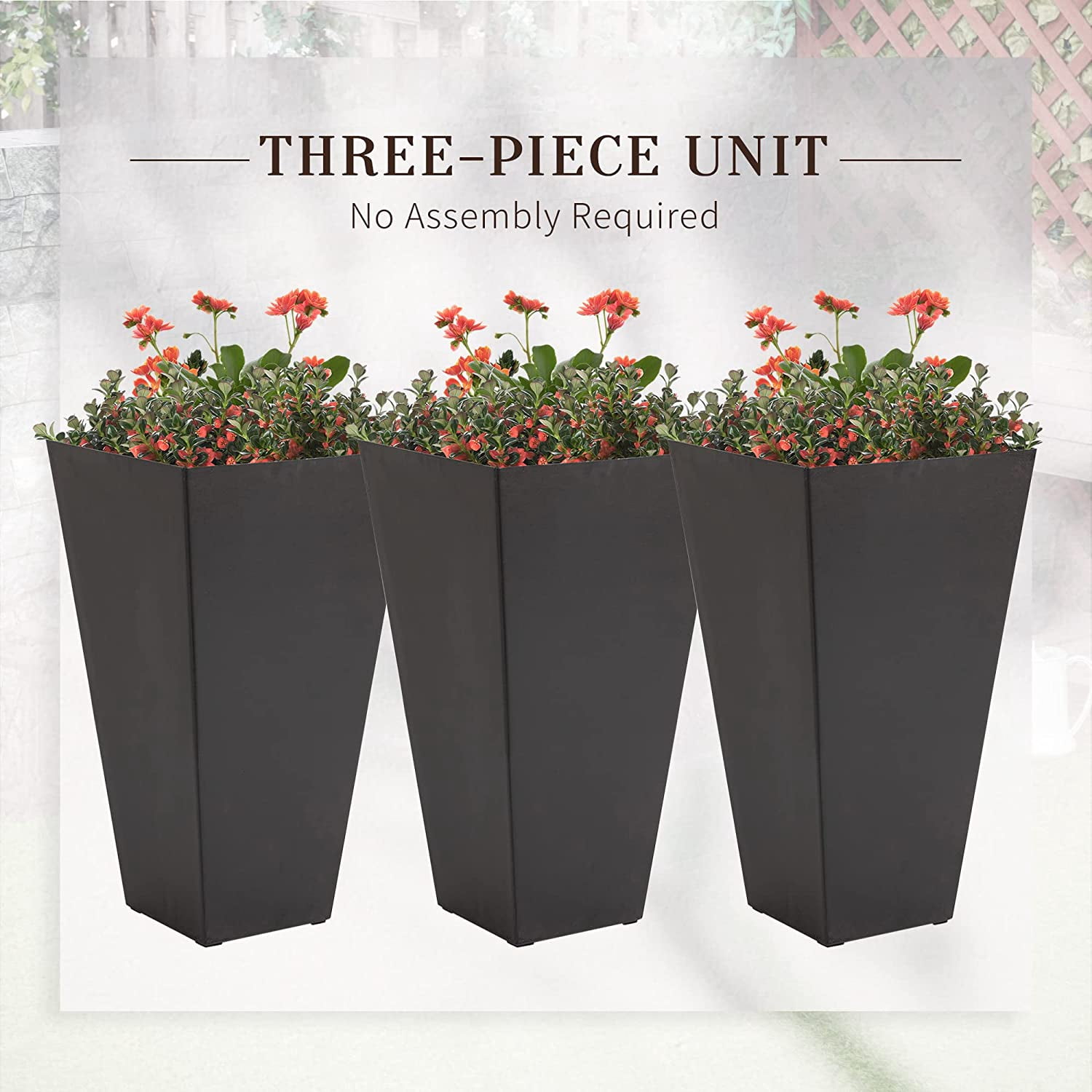 AINUO Set of 3 Tall Planters, 28 Inch Outdoor Flower Plant Pots with Drainage Holes, Indoor Outdoor Planters for Porch, Patio and Deck, Brown