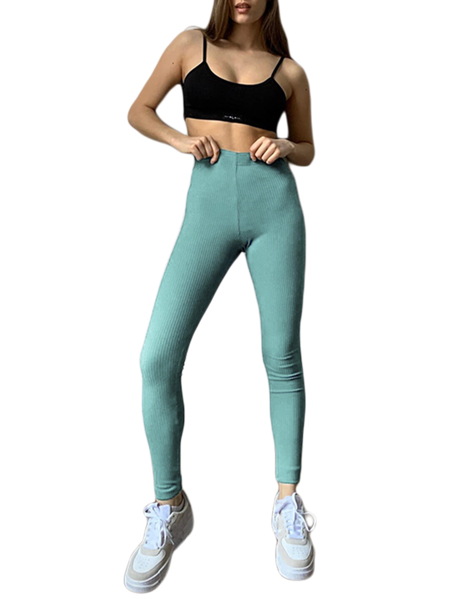 Women Knit Rib Yoga Leggings High Waist 