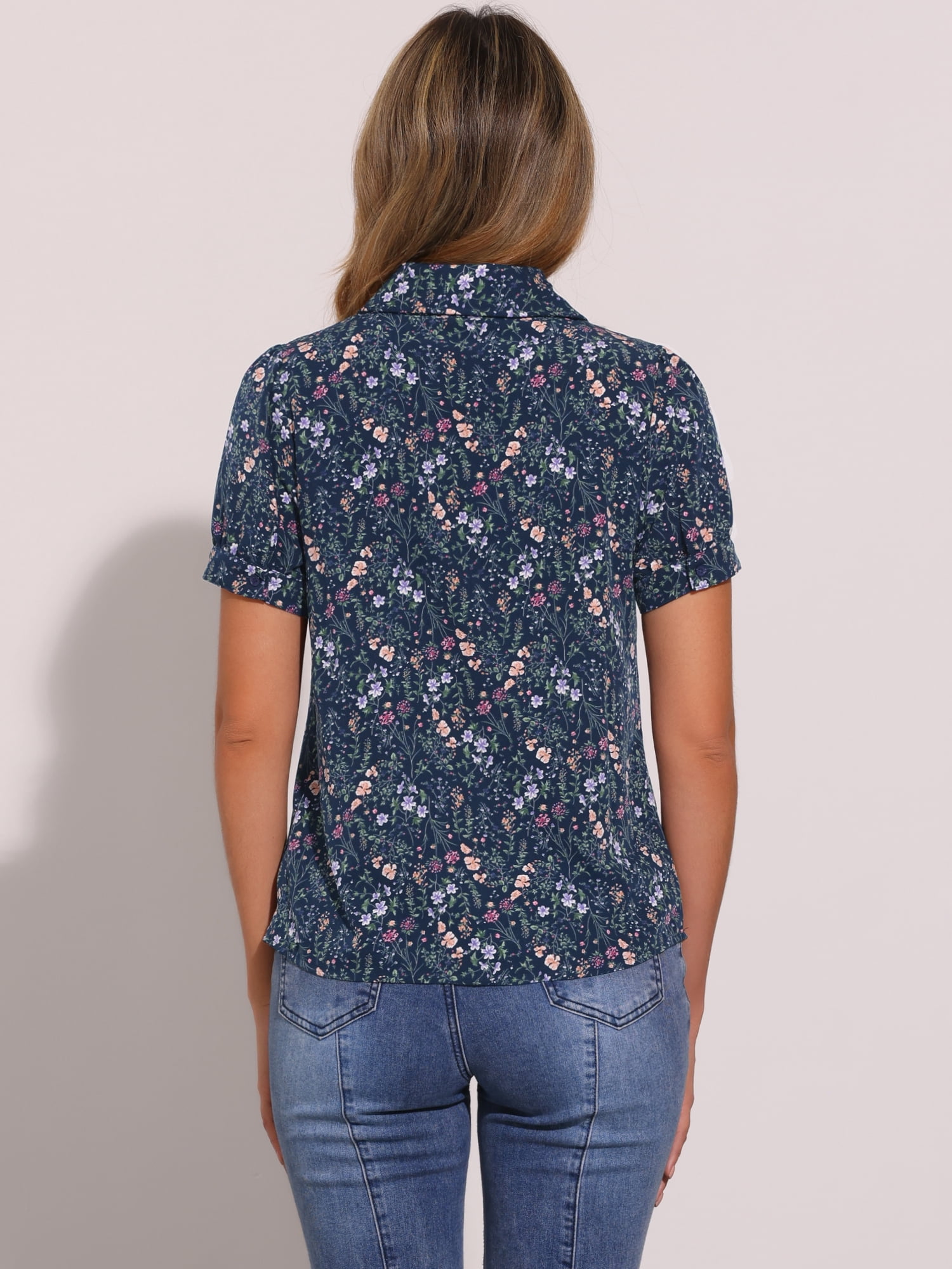 DARING DIVA Tie Bow Peter Pan Collar Chiffon Blouses XS Dark Blue-Floral