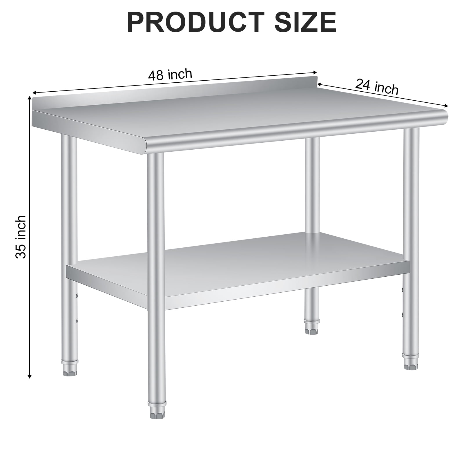 Stainless Steel Prep Table with Backsplash - Adjustable Undershelf - Commercial Kitchen Worktable for Restaurant, Home, Outdoor - Size 48x24 Inch