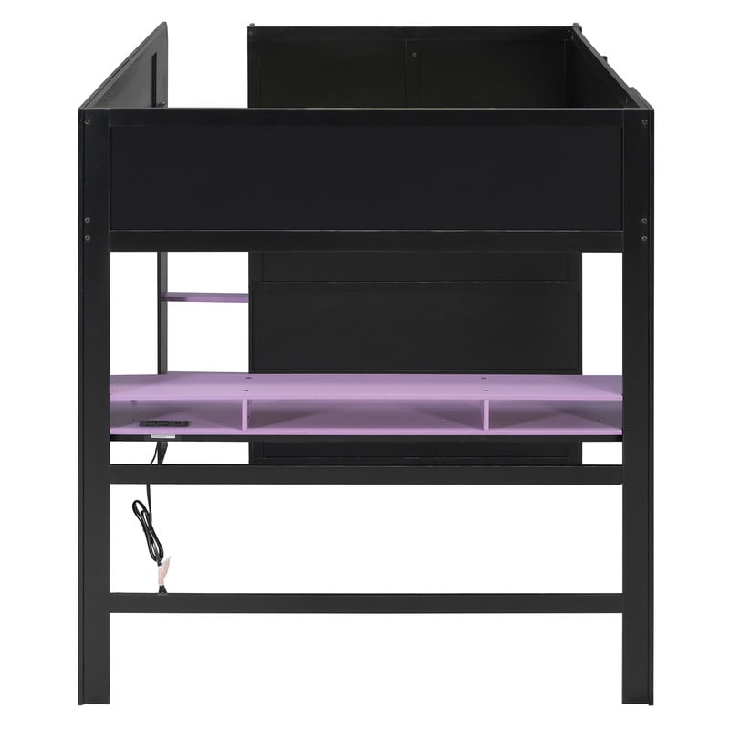 Full Size Wood Loft Bed with Desk, Wardrobe and Storage, Height Adjustable Gaming Loft Bed with USB Charging Port, RGB LED Light Strip, PC Tower Space and Shelves for Bedroom