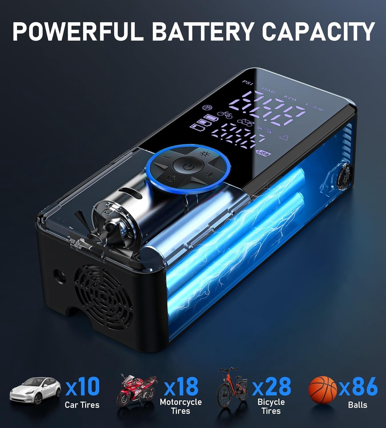 Tire Inflator Portable Air Compressor,150PSI Faster Inflation Cordless Tire Air Pump with Digital Gauge,Auto Shut-Off,LED Light,Electric Air Pump for Car Tires,SUV, Motorcycle, Bike, Balls（Blue)