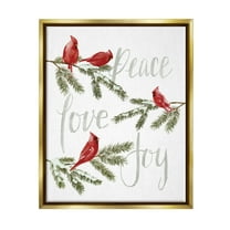 Stupell Industries Peace Love Joy Cardinals Holiday Painting Gold Floater Framed Art Print Wall Art, 17 x 21