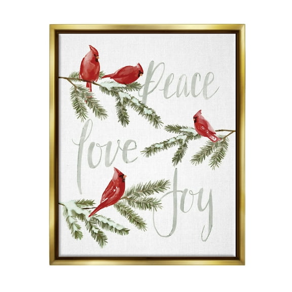 Stupell Industries Peace Love Joy Cardinals Holiday Painting Gold Floater Framed Art Print Wall Art, 17 x 21