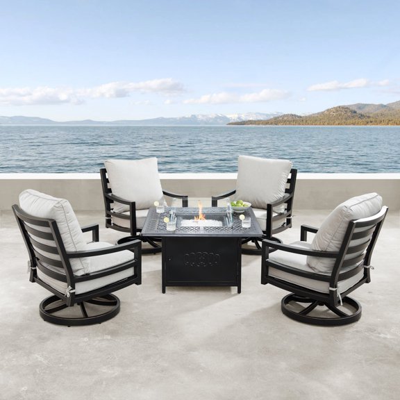 Oakland Living  42 in. Outdoor Aluminum Square Fire Table Set with Four Deep Seating Swivel Rocking Chair - 5 Piece