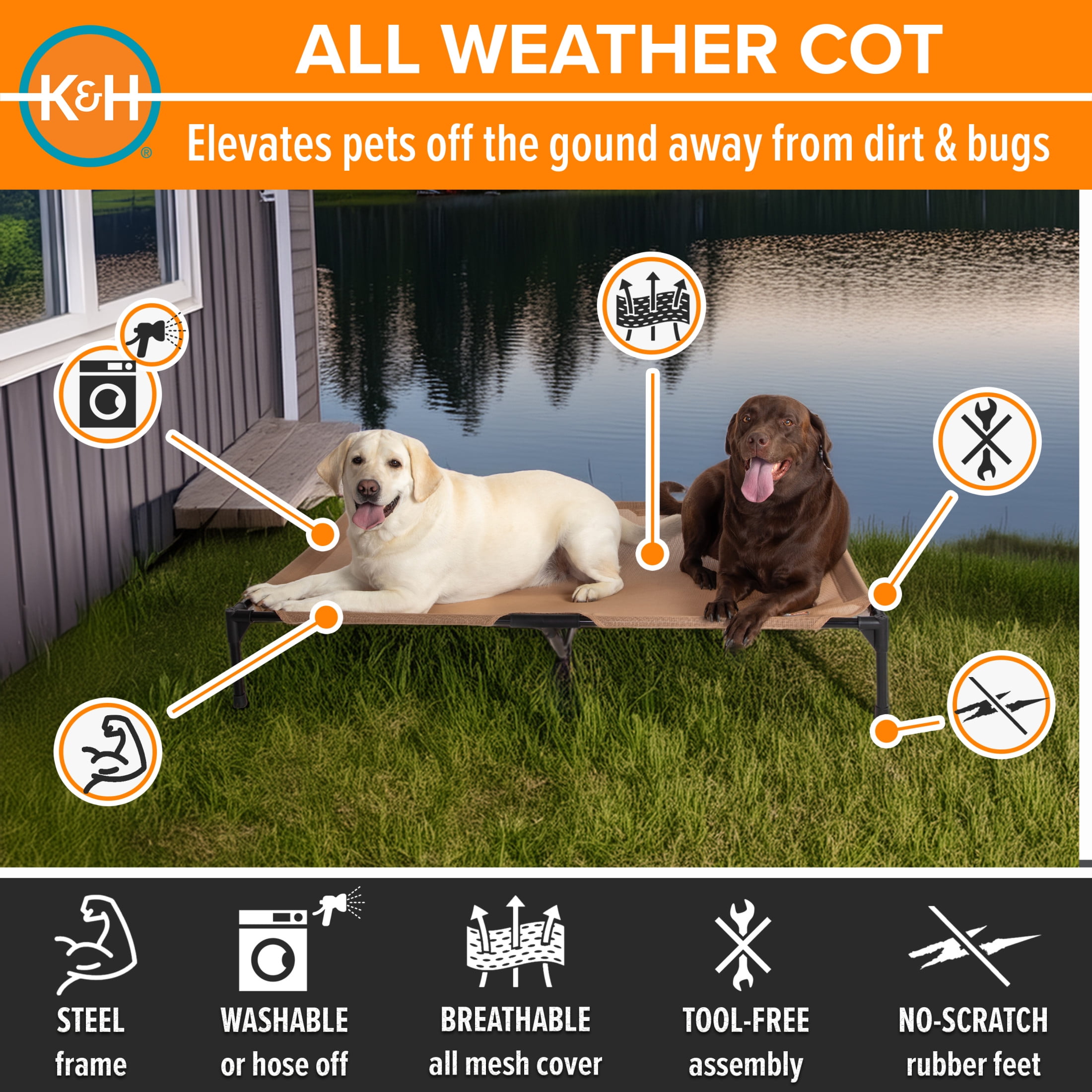 K&H Pet Products All Weather Pet Cot Tan Jumbo 56 X 38 X 9 Inches