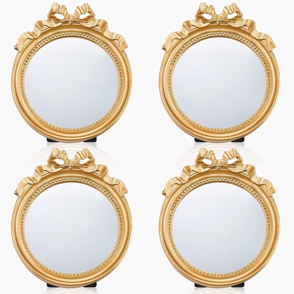 2 Pack Small Vintage Gold Mirror 4.1" Round Portable Bow Mirror for Women Make up Dressing Bedroom Table Decoration