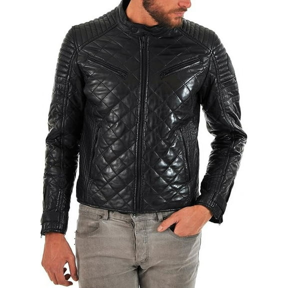 Men's Genuine Black Lambskin Quilted Leather Jacket Slim fit Moto Biker jacket A845