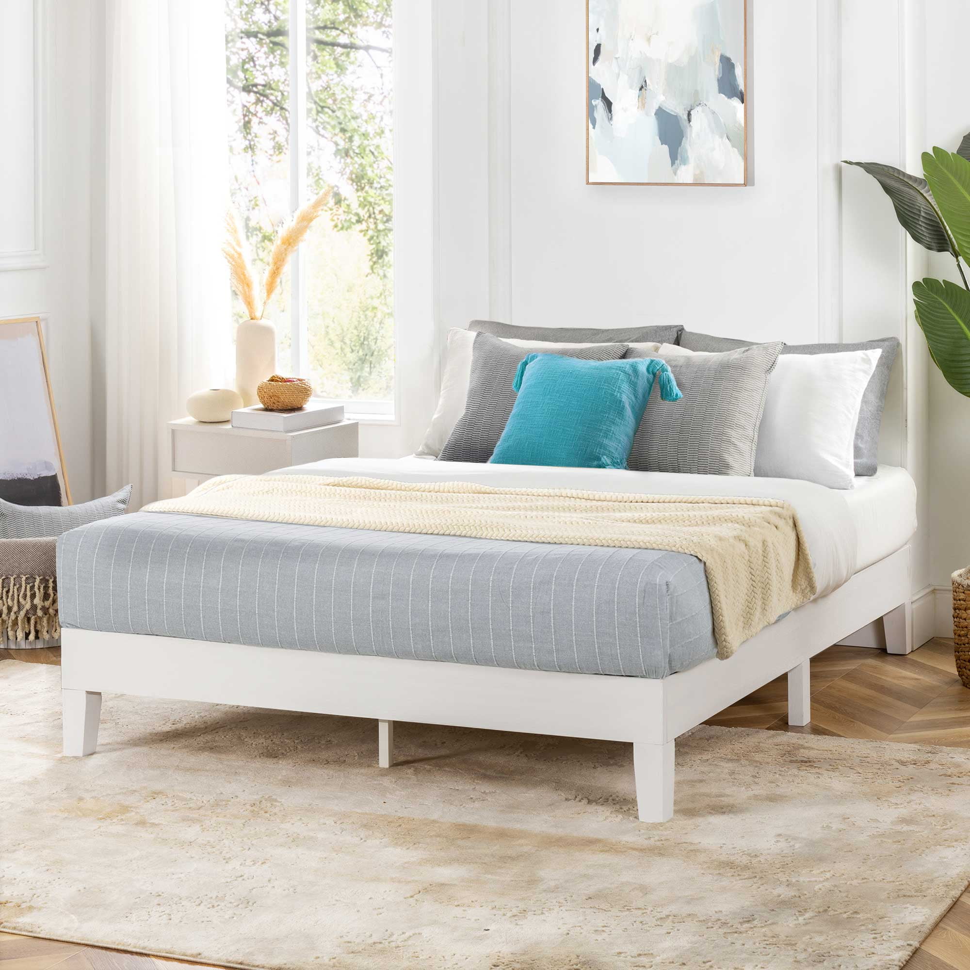 Mellow Naturalista Grand 12 Inch Solid Wood Platform Bed with Wooden Slats, Queen, White
