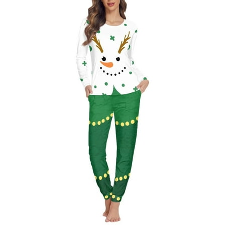 

Renewold Christmas Women Nightwear Pajama Sets of 2 Green Snowman Sweatshirt PJ Pants Bottoms Skinny Elastic Home Life Relaxed Sleepwear Shirt Size S